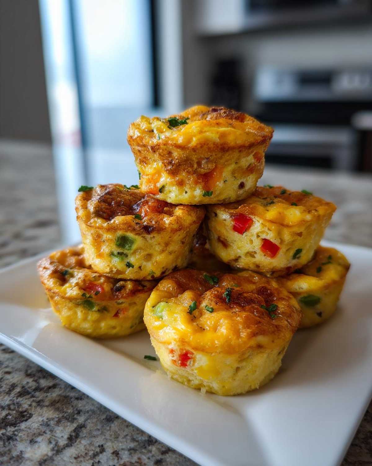 A stack of six golden brown Egg Muffin Cups filled with visible red and green peppers, garnished with chives.
