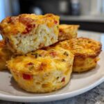 A stack of golden brown, fluffy Egg Muffin Cups featuring visible red peppers and herbs on a white plate.
