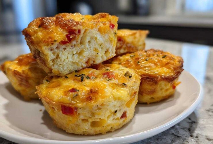 A stack of golden brown, fluffy Egg Muffin Cups featuring visible red peppers and herbs on a white plate.