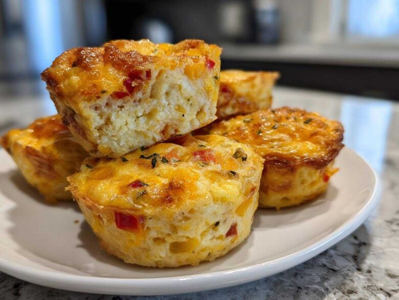 A stack of golden brown, fluffy Egg Muffin Cups featuring visible red peppers and herbs on a white plate.