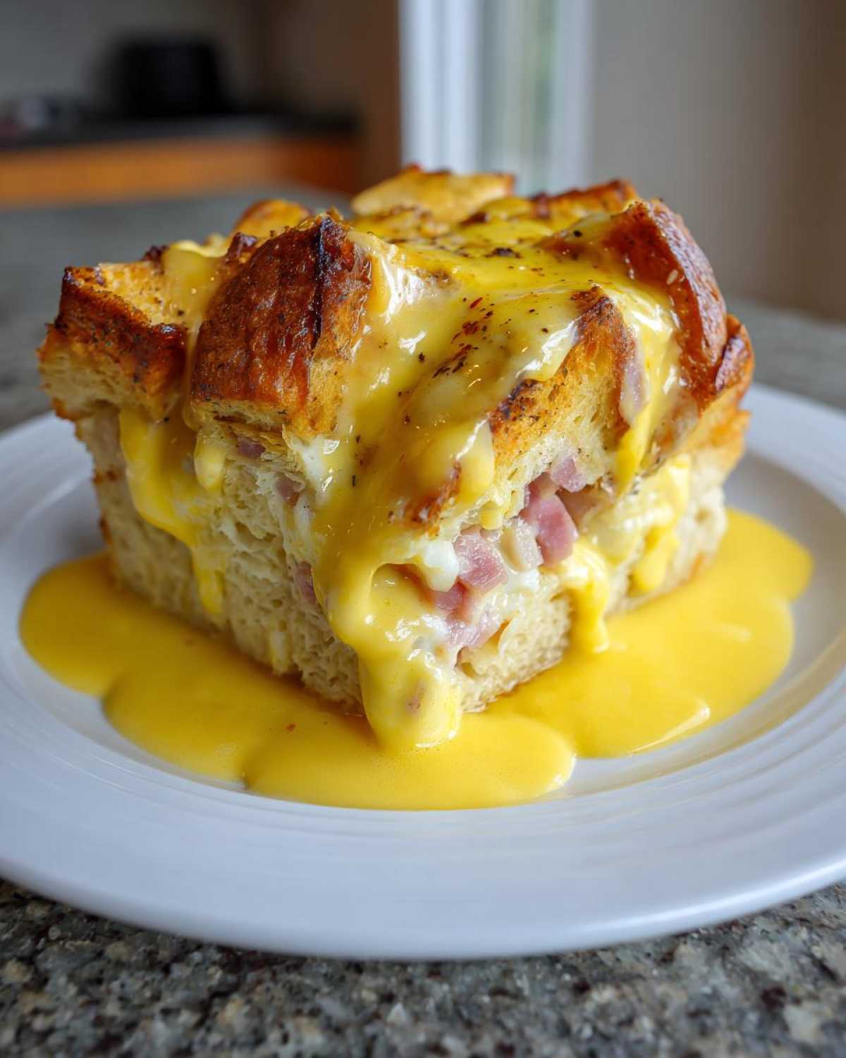 A square serving of eggs benedict casserole topped generously with bright yellow hollandaise sauce.