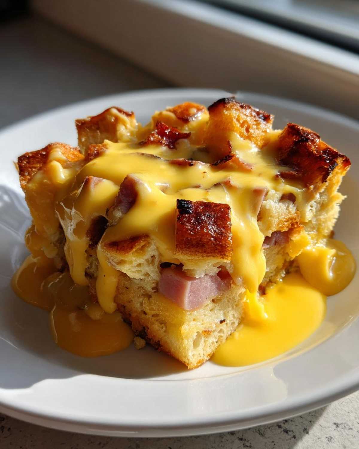 A square serving of eggs benedict casserole topped generously with bright yellow hollandaise sauce.