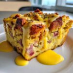 Close-up of a square slice of eggs benedict casserole topped with melted cheese sauce and herbs, sitting on a white plate.