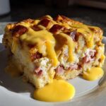 A thick slice of eggs benedict casserole featuring bread, ham, and egg layers, generously topped with dripping hollandaise sauce.