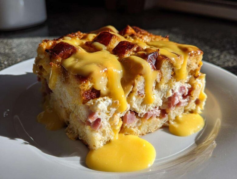 A thick slice of eggs benedict casserole featuring bread, ham, and egg layers, generously topped with dripping hollandaise sauce.