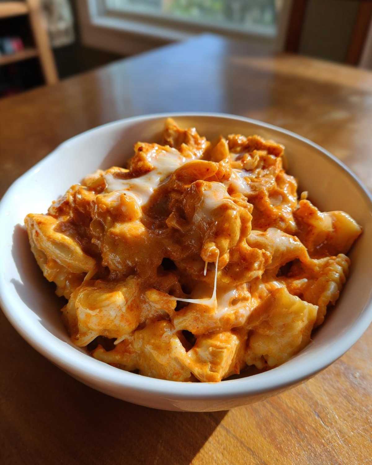 Close-up of a white bowl filled with creamy, cheesy enchilada pasta, showing melted cheese strings.