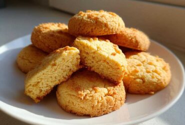 A stack of golden brown 3-ingredient butter cookies on a white plate, one cookie is broken open to show the crumb.
