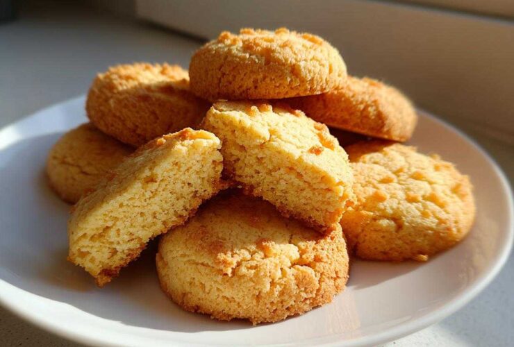 A stack of golden brown 3-ingredient butter cookies on a white plate, one cookie is broken open to show the crumb.