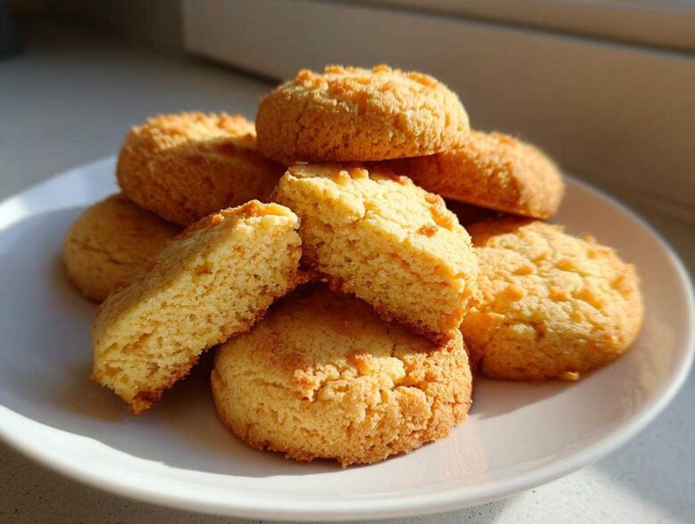 A stack of golden brown 3-ingredient butter cookies on a white plate, one cookie is broken open to show the crumb.