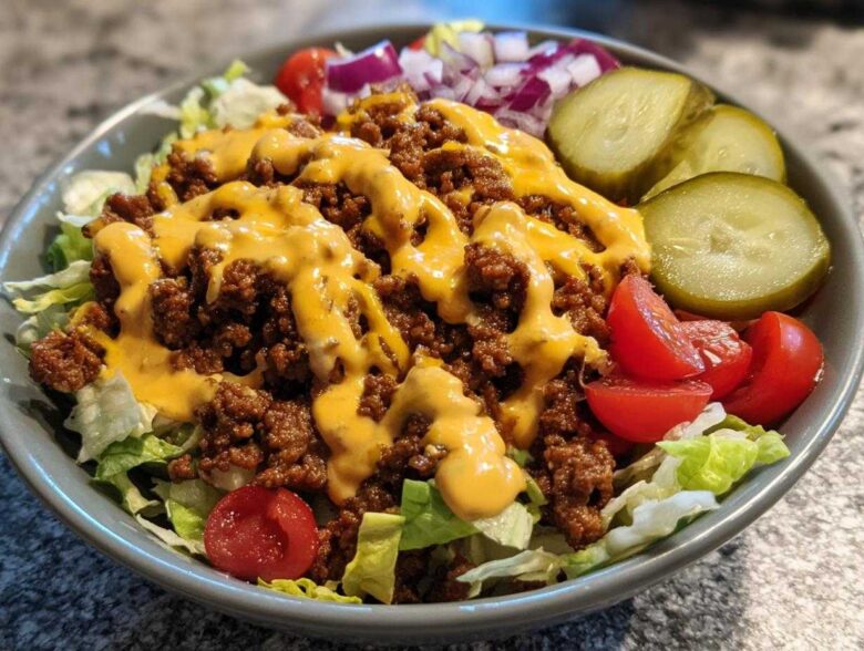 A close-up view of a ready-to-eat cheeseburger bowl featuring seasoned ground beef, cheese sauce, lettuce, pickles, and tomatoes.