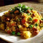 A vibrant mound of golden pineapple fried rice mixed with peas, carrots, and topped with cashews and cilantro.