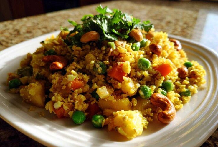 A vibrant mound of golden pineapple fried rice mixed with peas, carrots, and topped with cashews and cilantro.