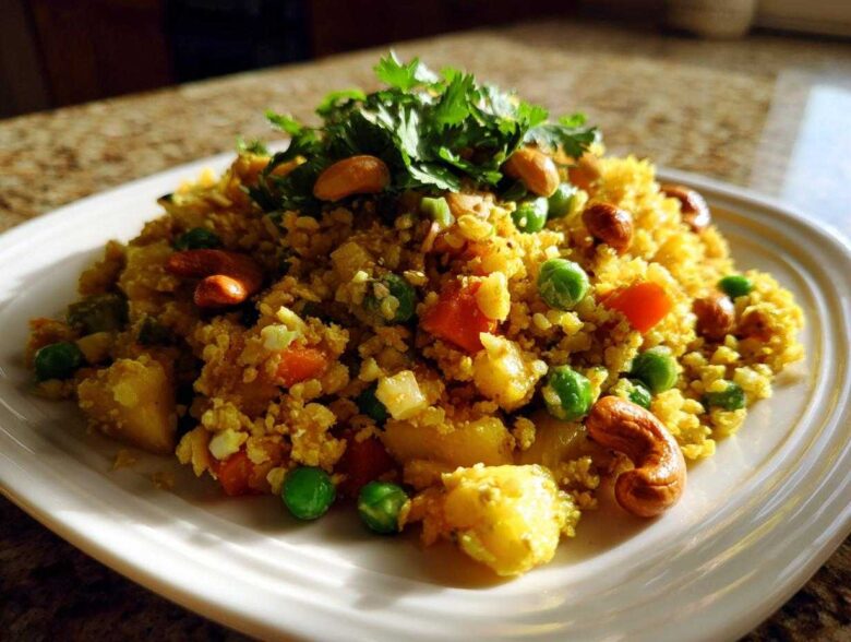 A vibrant mound of golden pineapple fried rice mixed with peas, carrots, and topped with cashews and cilantro.