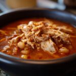 Close-up of a steaming bowl of rich red chicken pozole, featuring shredded chicken and hominy in a flavorful broth.
