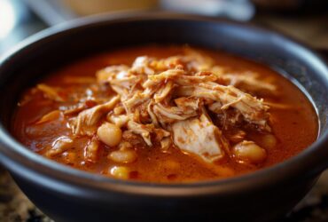 Close-up of a steaming bowl of rich red chicken pozole, featuring shredded chicken and hominy in a flavorful broth.