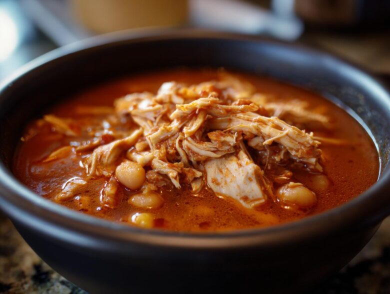 Close-up of a steaming bowl of rich red chicken pozole, featuring shredded chicken and hominy in a flavorful broth.