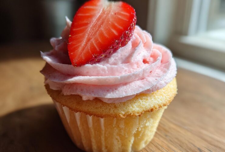 Close-up of a single, delicious strawberry cupcake topped with pink frosting and a fresh strawberry slice.