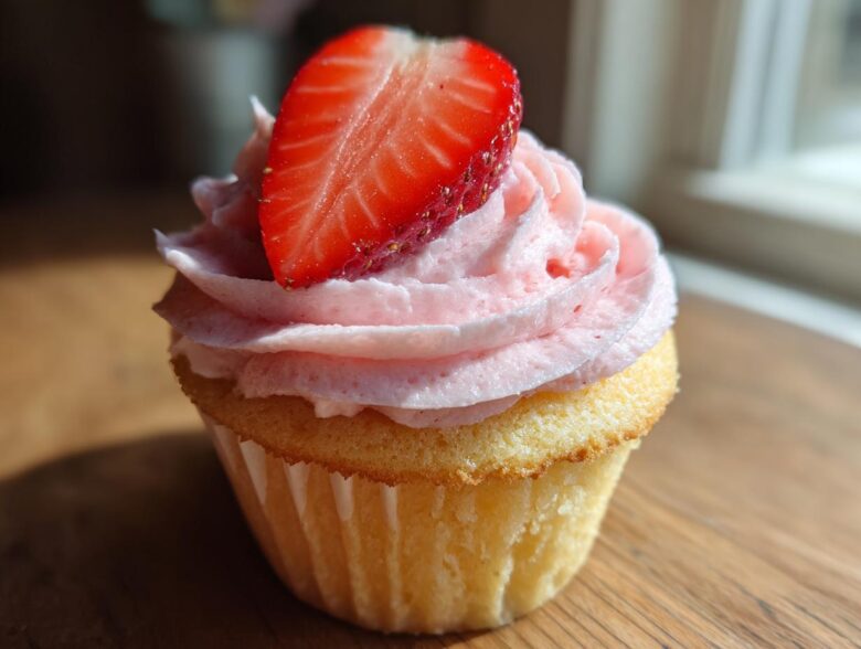 Close-up of a single, delicious strawberry cupcake topped with pink frosting and a fresh strawberry slice.