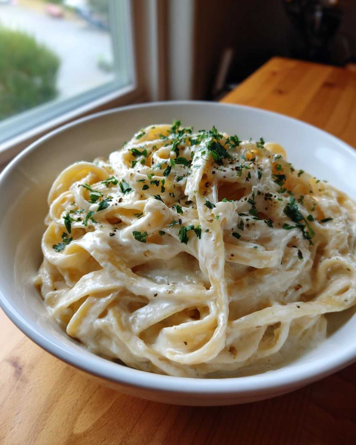 Close-up of fettuccine pasta coated in rich homemade alfredo sauce, topped with fresh parsley.