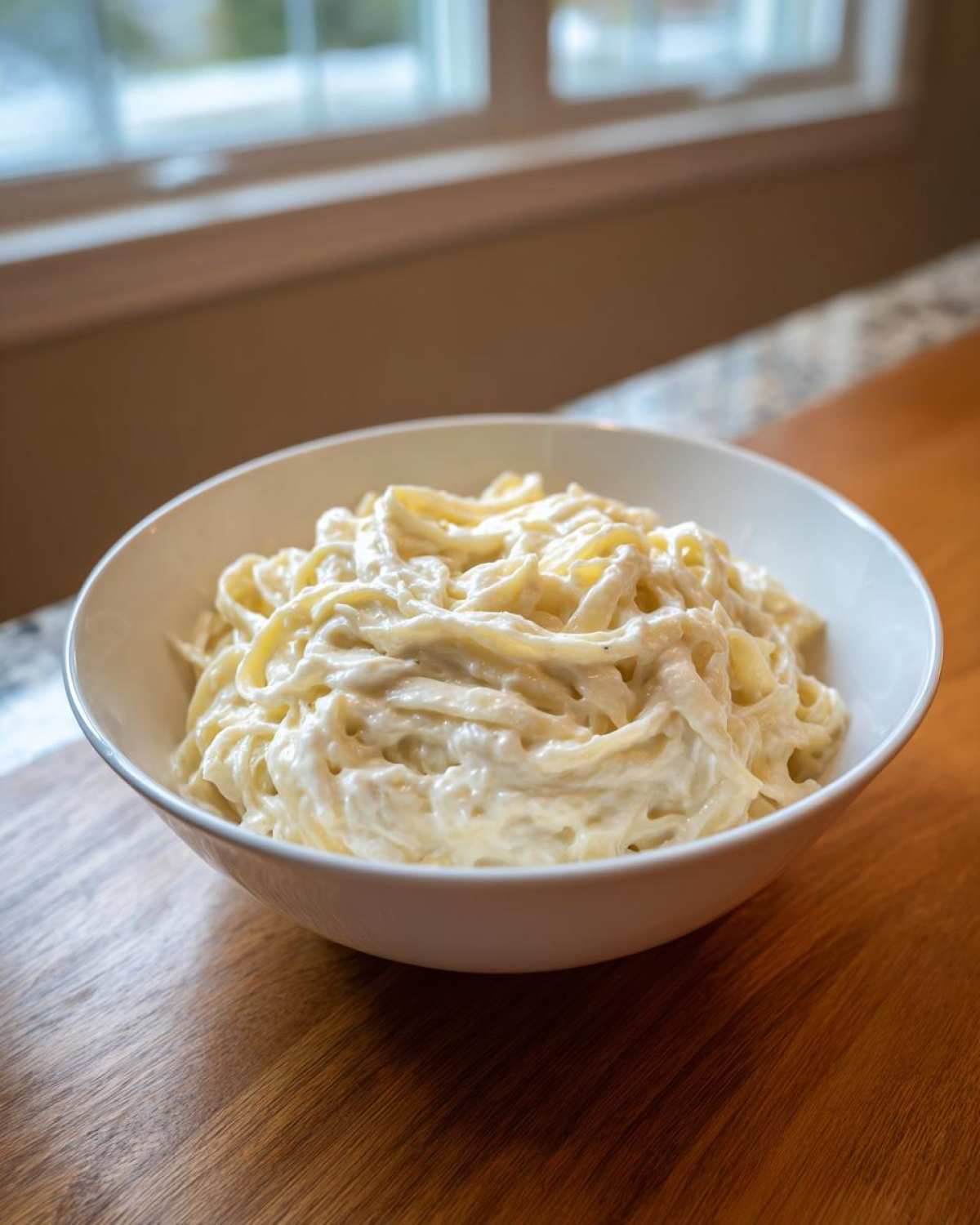 A white bowl filled with fettuccine pasta generously coated in creamy homemade alfredo sauce.