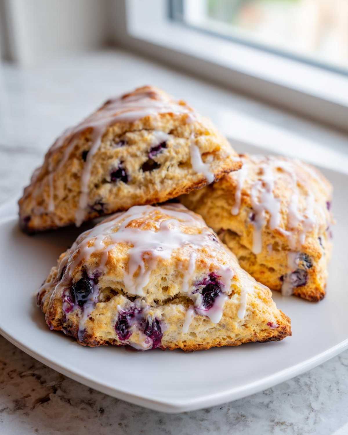 Three flaky blueberry scones drizzled with a sweet white glaze, resting on a white plate.