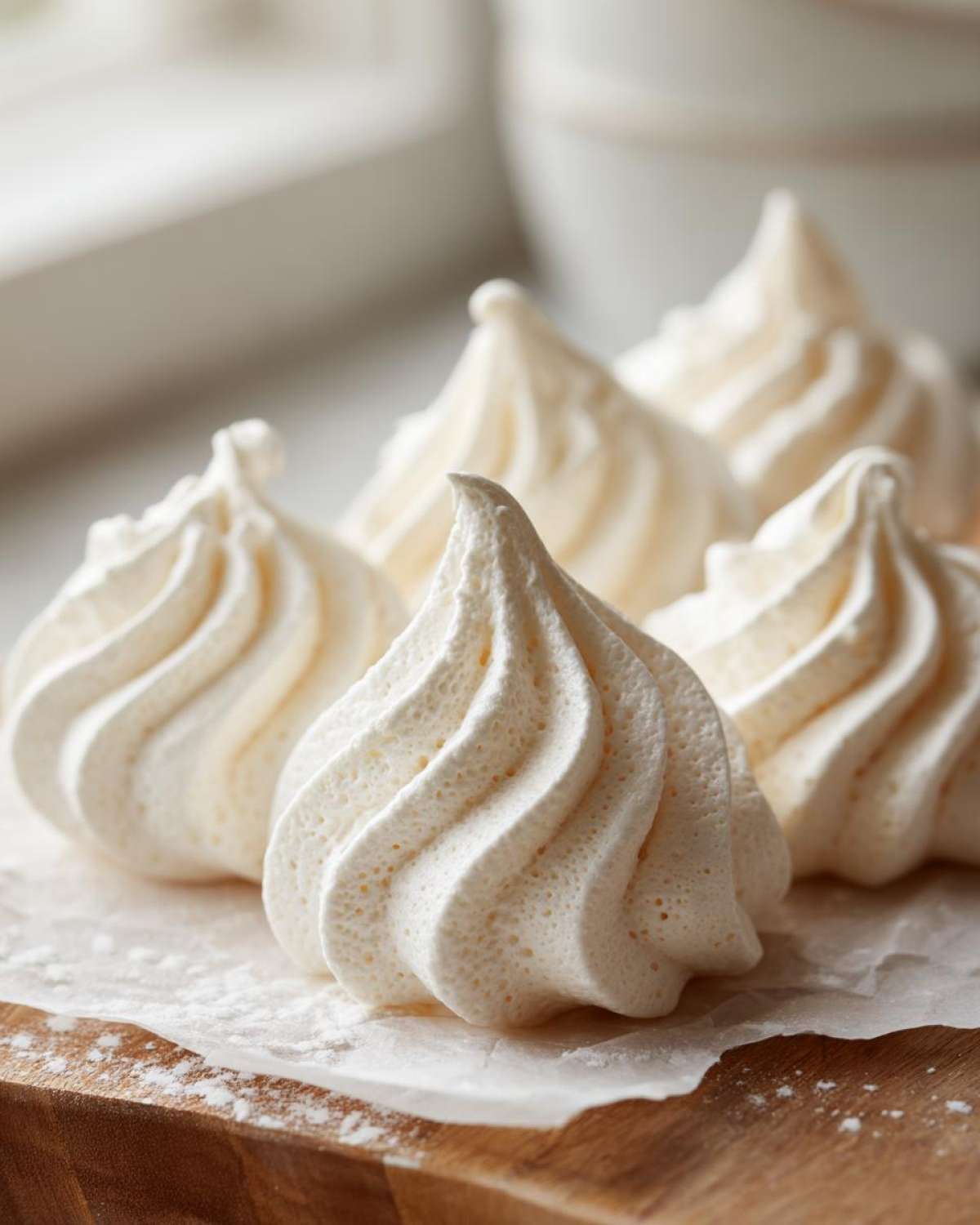Close-up of several perfectly piped, crisp meringue cookies resting on parchment paper on a wooden board.