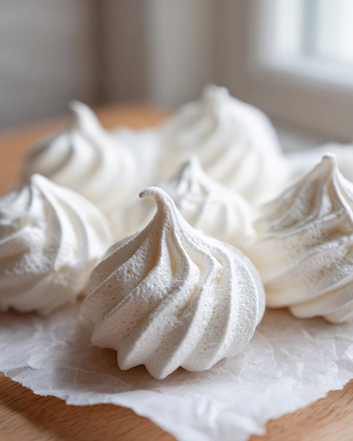 Close-up of several perfectly piped, white meringue cookies resting on wrinkled parchment paper.