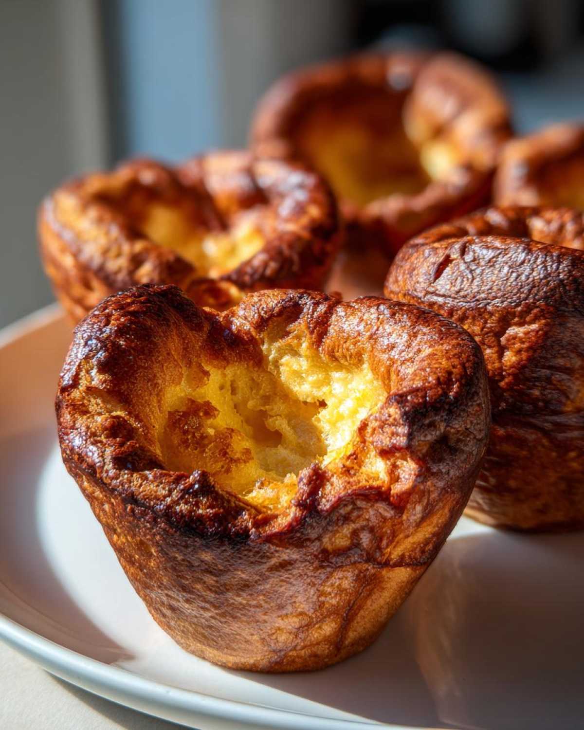 Close-up of several golden brown, deeply risen yorkshire pudding with crispy edges and a hollow center.