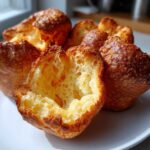 Close-up of several golden brown yorkshire pudding pastries, one cut open showing a large, airy, honeycomb interior.