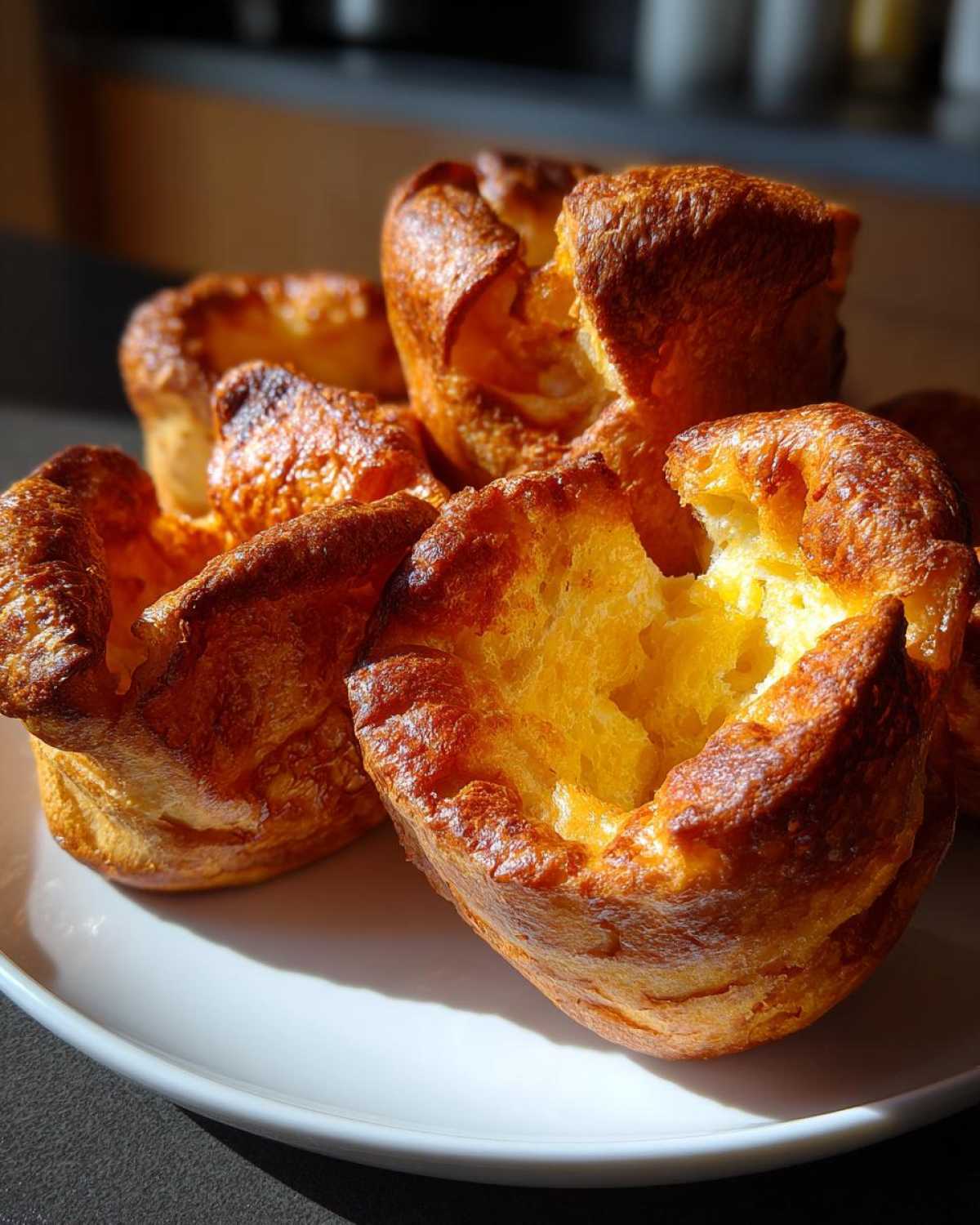 Close-up of several golden brown, tall yorkshire pudding pastries piled on a white plate, showing their airy interior.