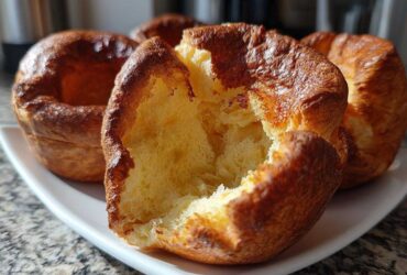Close-up of a perfectly risen yorkshire pudding, torn open to show the fluffy, airy interior texture.