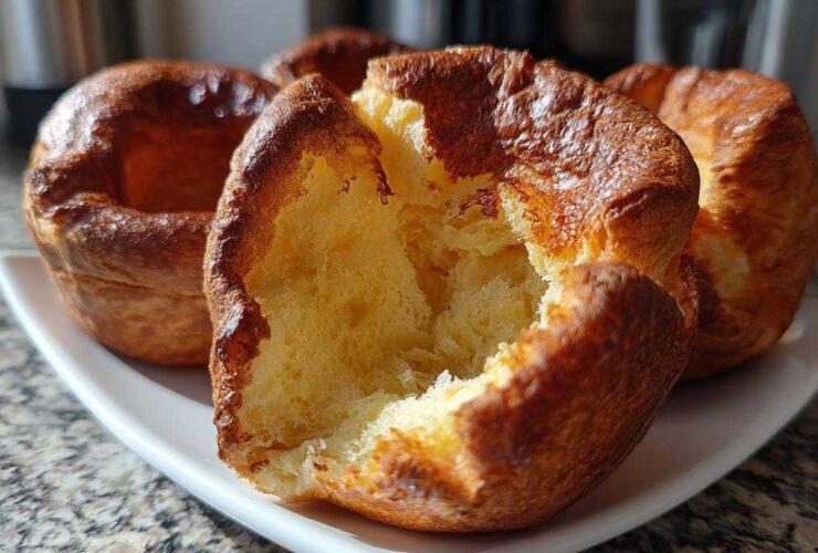 Close-up of a perfectly risen yorkshire pudding, torn open to show the fluffy, airy interior texture.