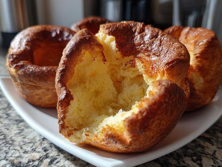 Close-up of a perfectly risen yorkshire pudding, torn open to show the fluffy, airy interior texture.