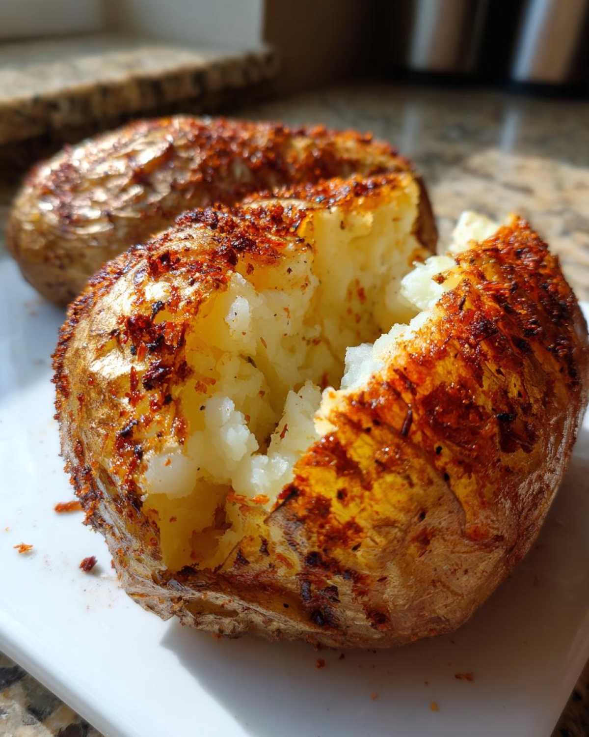 Close-up of a perfectly cooked air fryer baked potato, split open to show fluffy interior and seasoned, crispy skin.