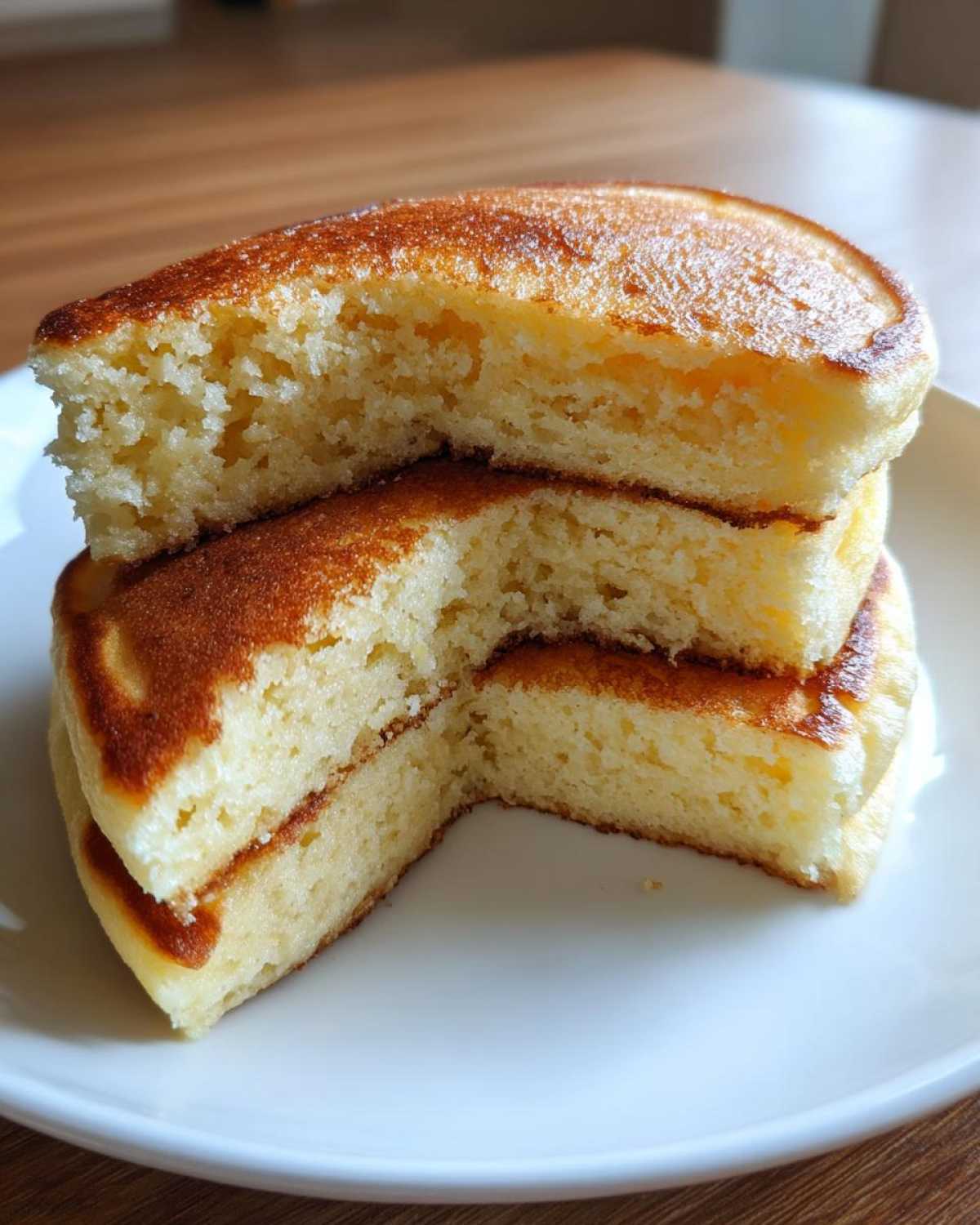 Close-up cross-section showing the fluffy, light texture inside a stack of almond flour pancakes.