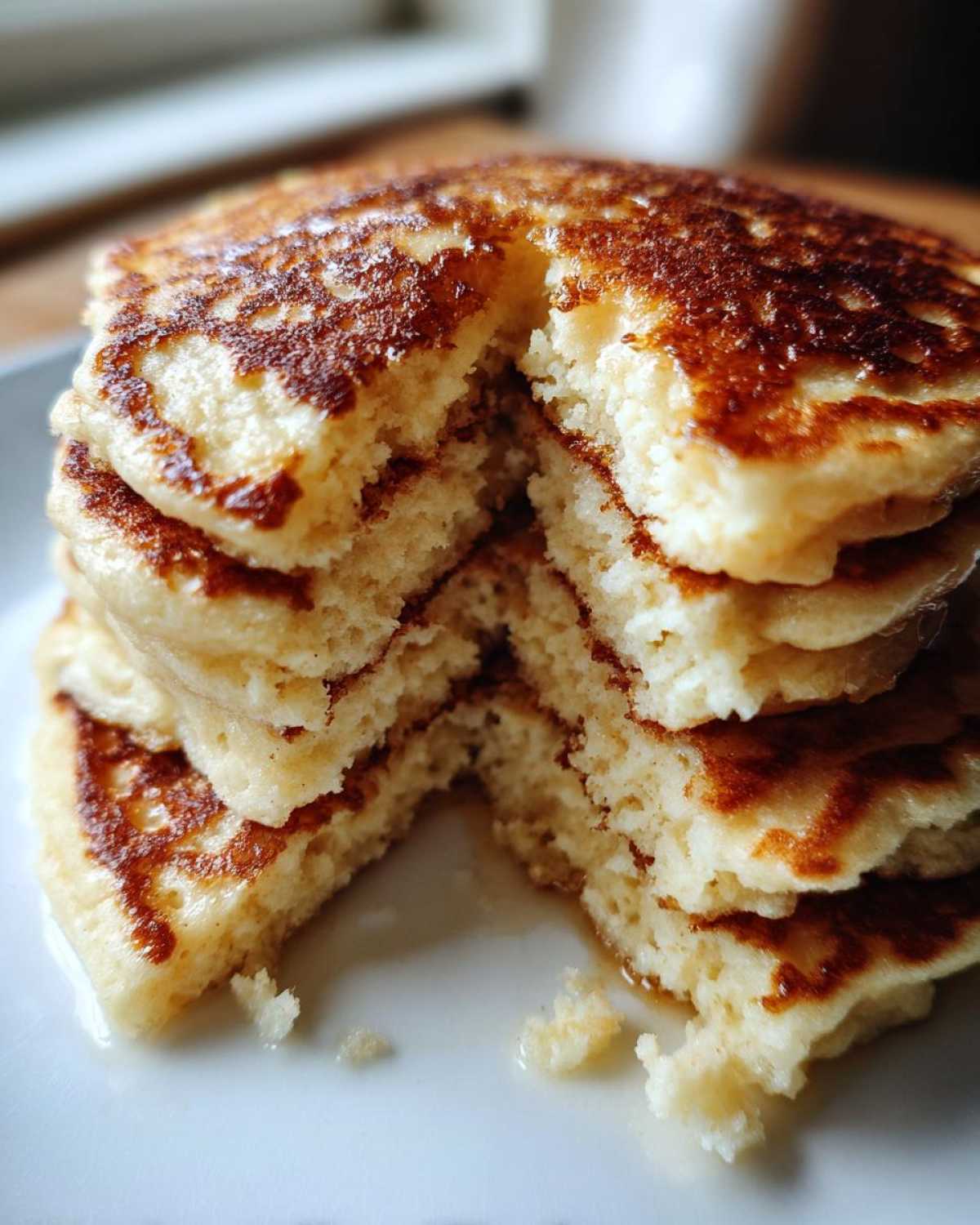 Close-up of a stack of fluffy almond flour pancakes cut open, showing a moist interior and golden-brown edges.