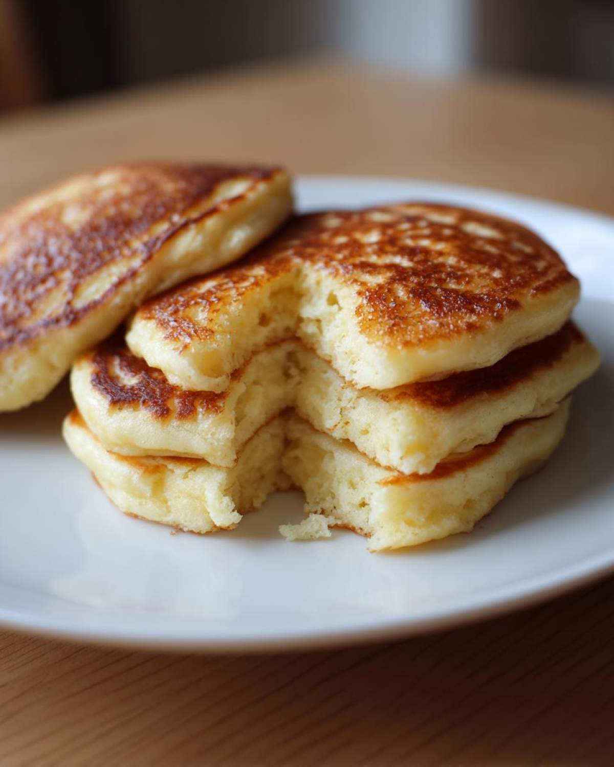 Close-up of a stack of fluffy almond flour pancakes on a white plate, showing the soft interior texture.