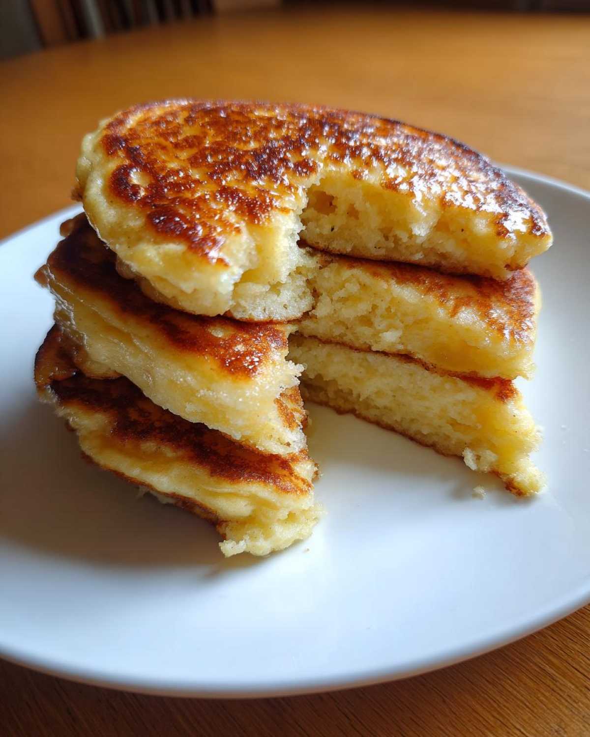 A stack of four fluffy almond flour pancakes, cut to show the interior texture, drizzled with syrup.