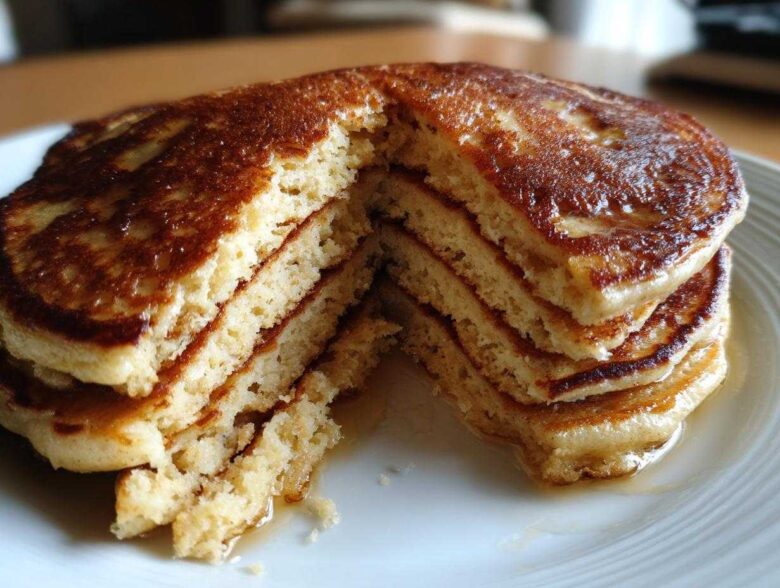 Close-up of a thick stack of golden brown almond flour pancakes cut open to show fluffy interior and drizzled with syrup.