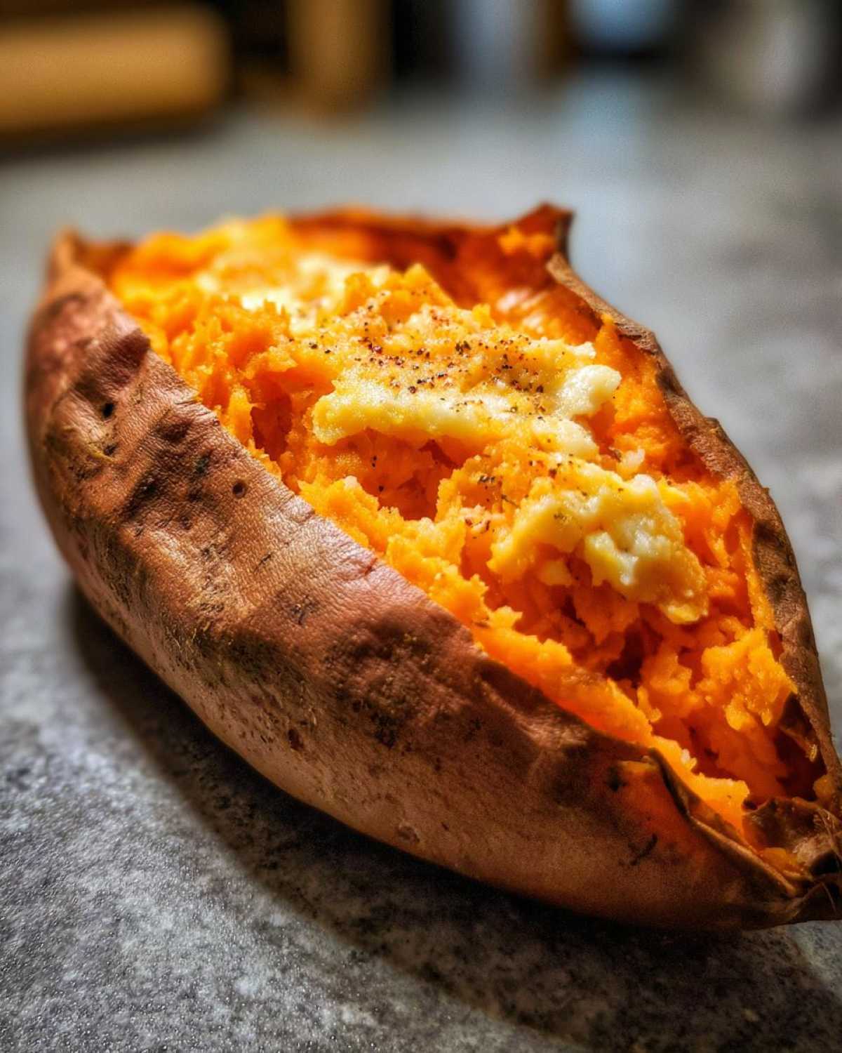 Close-up of a perfectly fluffy baked sweet potato split open with melting butter and black pepper.