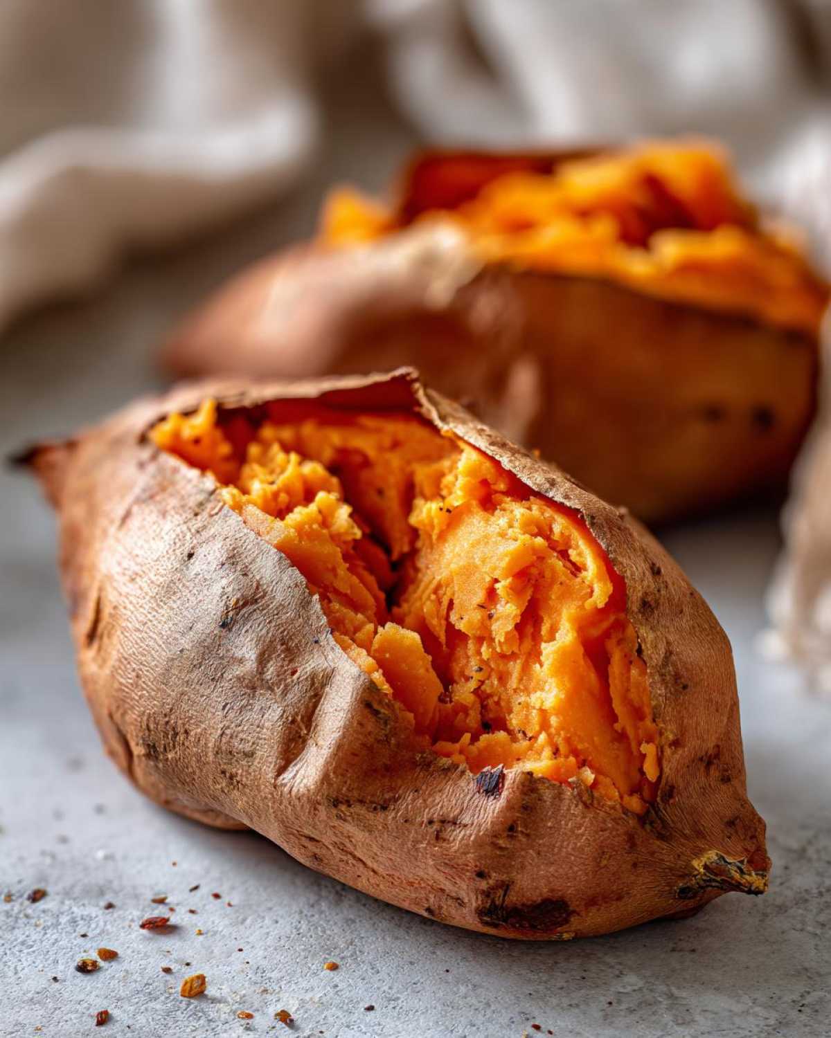 Close-up of a perfectly baked sweet potato split open, revealing fluffy, bright orange flesh.