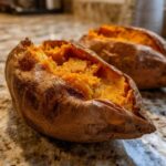 Close-up of a fluffy baked sweet potato split open, revealing its bright orange interior seasoned with pepper.