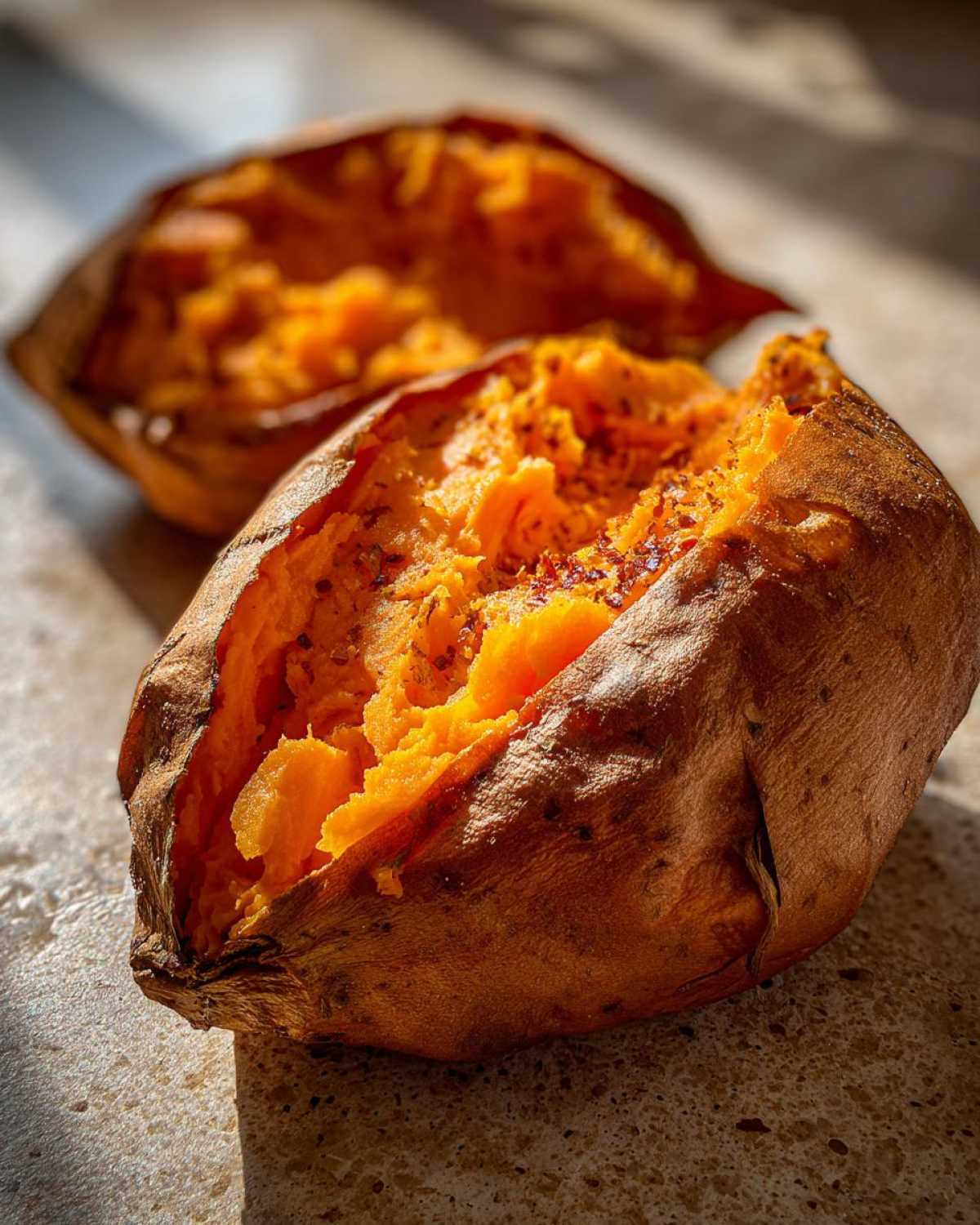 Close-up of a perfectly baked sweet potato, split open to show fluffy orange flesh and seasoning.