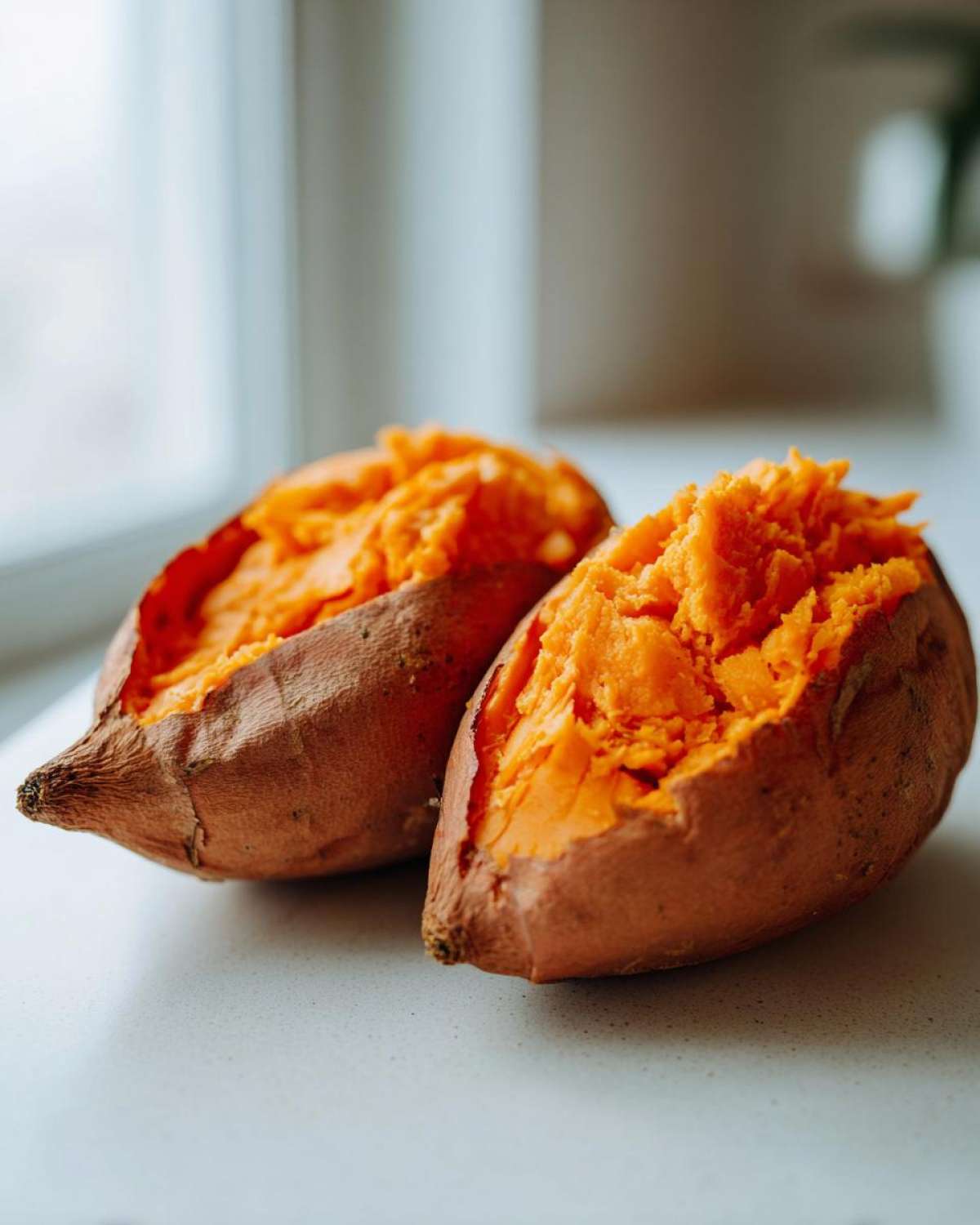 Two halves of a fluffy baked sweet potato showing bright orange, mashed interior.