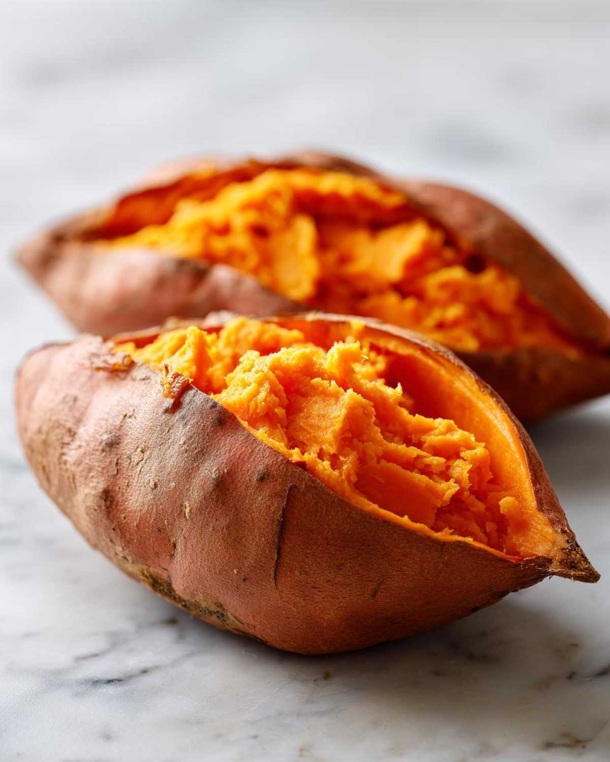 Two fluffy baked sweet potato halves showing bright orange, mashed interior on a white marble surface.