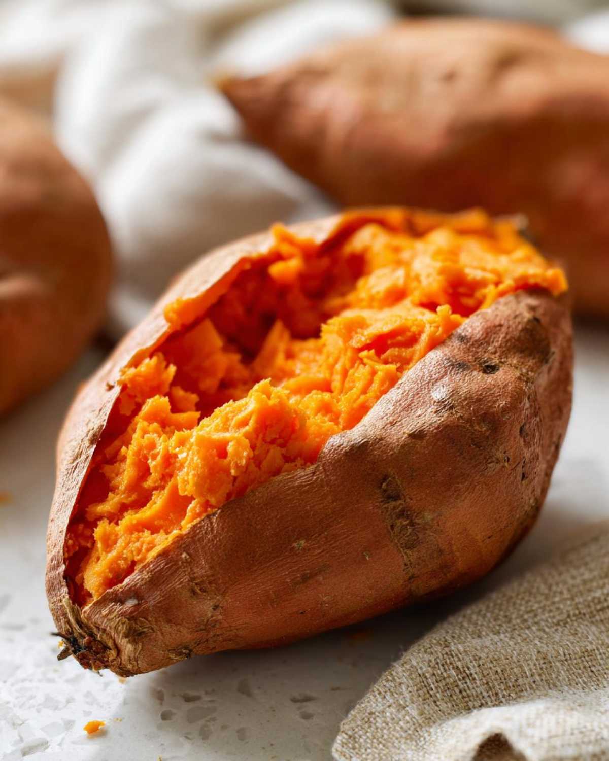 Close-up of a perfectly baked sweet potato split open, revealing fluffy, bright orange flesh.