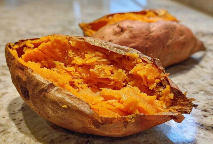 Close-up of a fluffy baked sweet potato split open, revealing bright orange, mashed interior flesh.