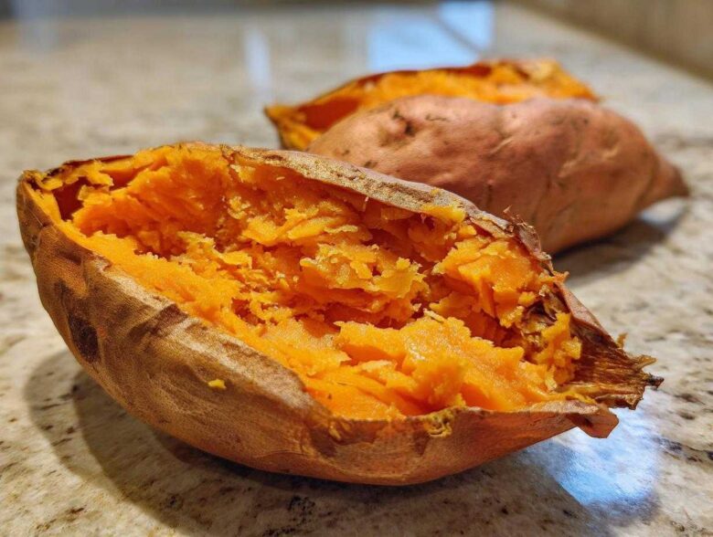 Close-up of a fluffy baked sweet potato split open, revealing bright orange, mashed interior flesh.