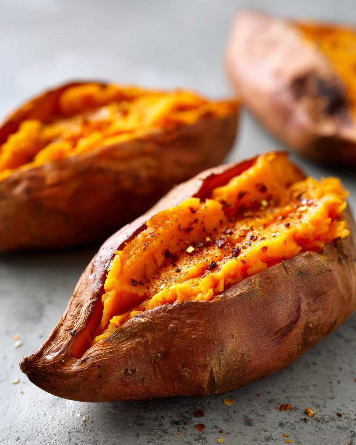 Close-up of a fluffy baked sweet potato, split open and seasoned with spices.