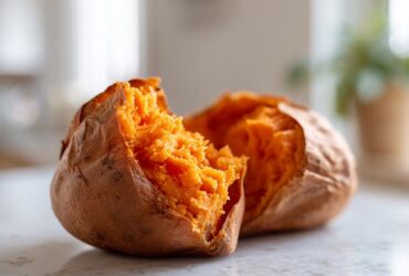 Close-up of a perfectly fluffy baked sweet potato split open, showing bright orange flesh.